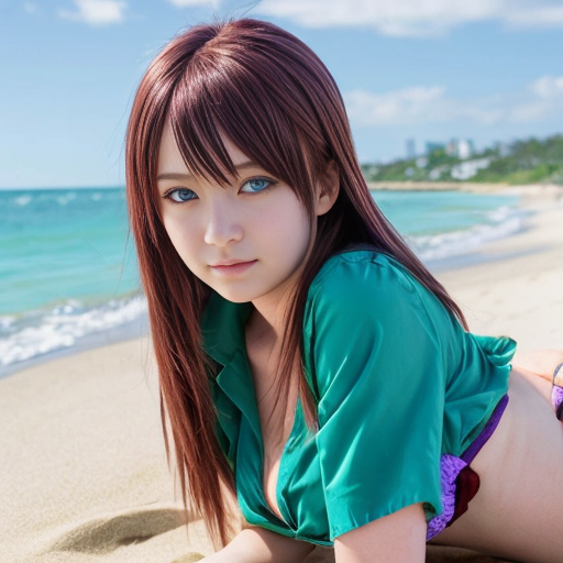 tall shiki ichinose idolmaster anime series blue eyes faded red wine hair+purple unbuttoned shirt+emerald beach bikini+resting on beach+medium distance zoomed 