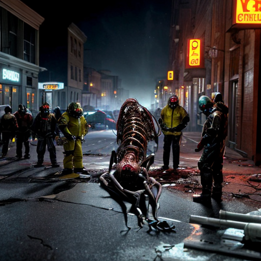 a rain-slicked city street at night, neon signs flickering through the haze as twisted biomechanical abominations shamble between overturned cars and shattered storefronts. These grotesque humanoid hybrids fuse pulsating organic tissue with rusted plating, their exposed muscle fibers writhing around hydraulic pistons, dripping blackened oil and viscera onto the cracked asphalt. Hazmat-suited figures scramble in the background, their glowing containment units casting an eerie green light on a bisected robot corpse—its still-twitching upper half dragging itself forward using torn intestinal cords as grappling hooks. Half-melted faces stretch across metal skull frames, jaws unhinging vertically to release guttural steam hisses as they clutch eviscerated human torsos like gruesome shopping bags. A towering construct with six spinal columns fused into a centipede-like tail crushes a streetlight underfoot, its dozen mismatched eyes reflecting the distant explosion ripping through the quarantine zone's barricades