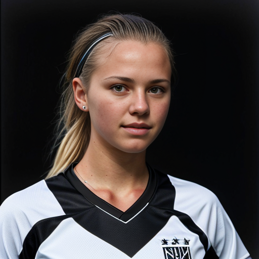young woman in a mens black soccer jersey with the name Nicholson in gold on it