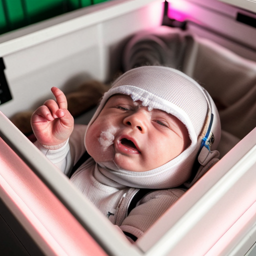 Babies in pod incubator nursery with large robotic arms on thier chests for heartbeats 