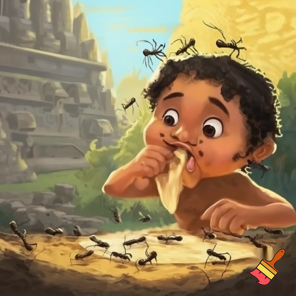 an Aztec boy playing eating ants out of an ant hill and putting them on a tortilla. and he is super happy its his favorite.
