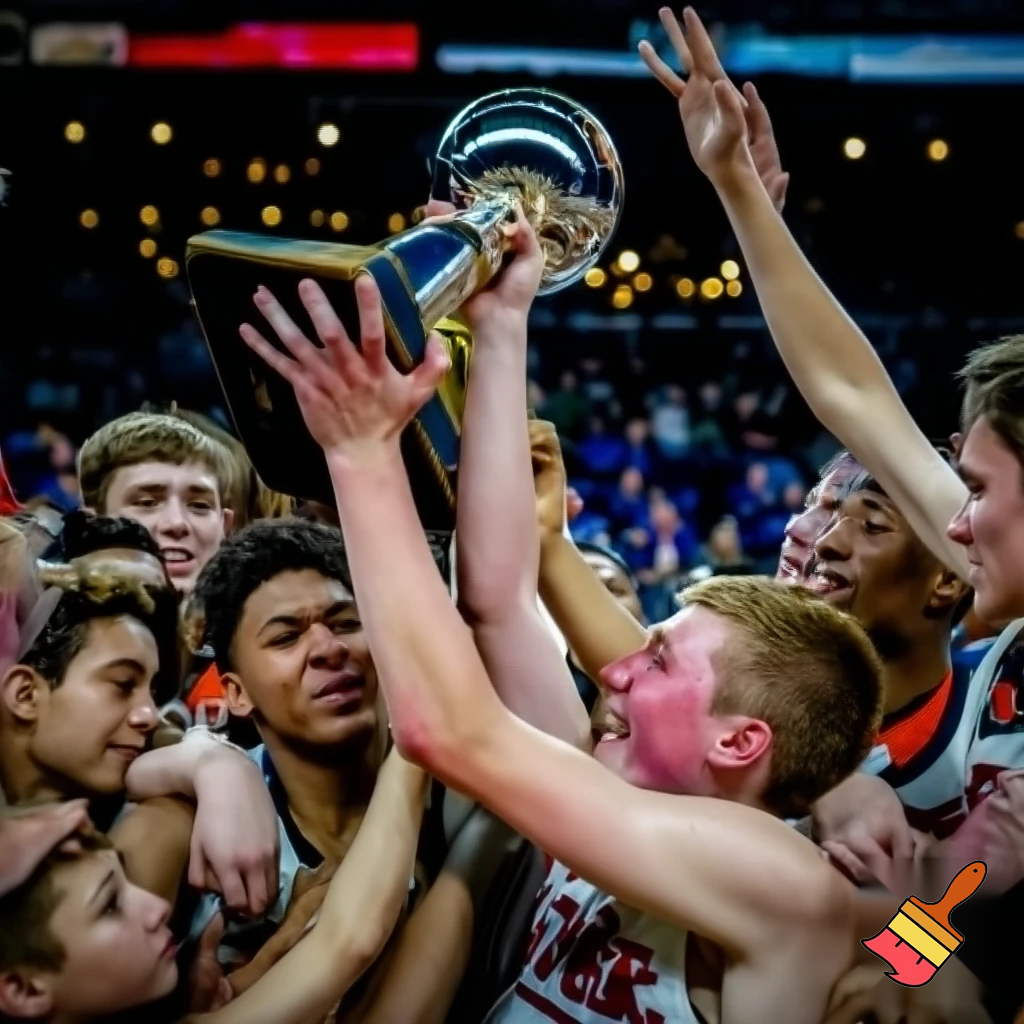 white teenage basketball with blonde hair player holds a trophy while the team is carrying him
