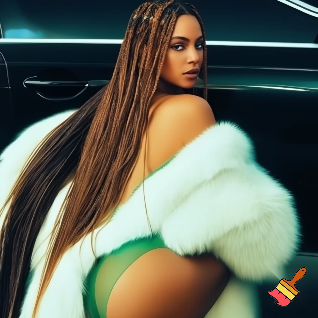 Beyonce with long african brown box braids with brown makeup wearing a dark pastel transparent green bodysuit with a white fur coat on standing in front of a car ,photoshoot, face angle face  ,face angle close up ,she is posing from the back   kneeling down pose (we should only see her hair)