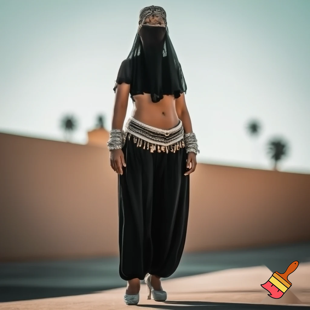 Attractive Moroccan woman wearing a headpiece, a veil, ornate cuffs, a bejeweled bra, a coin belt, harem pants and ballroom dance shoes in California 