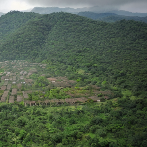 rain forest with a village and solar panels
