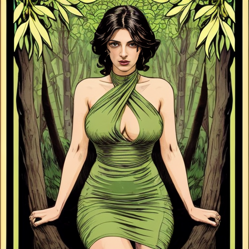 40 year old attractive olive skinned woman with the legs of a deer with hooves instead of human legs, yellow eye color with horizontal rectangular pupils,black mascara, green slightly sheer dress, forest setting mucha art style