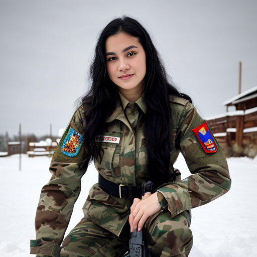 realistic colours, zoomed out veiw. large eyes looking to the left behind the camera, long black hair, red eyes, 19 years old girl. wearing white military camo clothing, jacket and pants  with british sas flag on the sleeve, kneeling in snow, holding a rifle. anime stye 