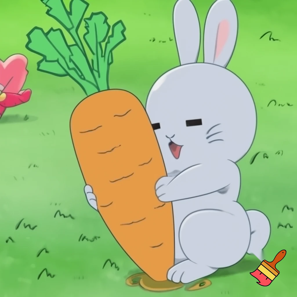Scene: Sunny meadow. Bunny sees a big carrot.
Text Bubble (Bunny): “Wow! This carrot is huge! Just for me!”