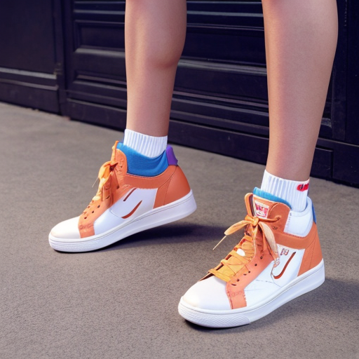 Rihanna orange tanktop belt blue short mini purple socks orange and white sneakers on a sitting Cloud