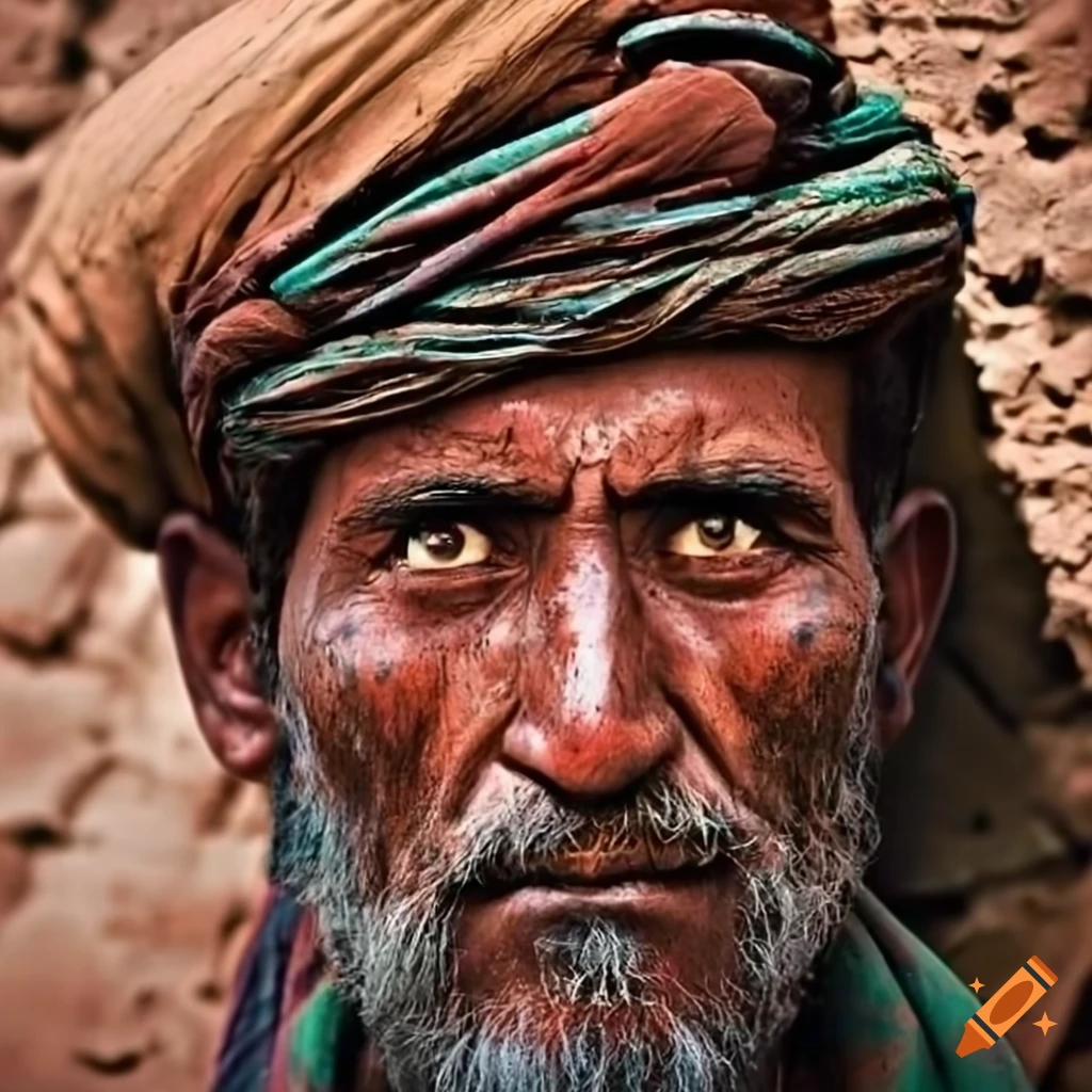 color photo of an Afghani man, weathered skin, deep-set eyes, and a proud posture. He stands in front of a crumbling mud brick wall with intricate carvings. The environment is dimly lit, with only a few flickering lamps illuminating the scene. The mood is solemn, with a sense of quiet determination in the man's expression. The camera used is a vintage Nikon FM2 with Kodak Portra 400 film and a 50mm lens. The photographer uses a technique that blurs the edges of the frame to create a dreamlike