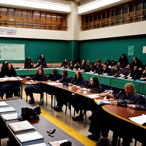 “large university campus full of students in ancient robes, discussion, learning, vibrant environment”