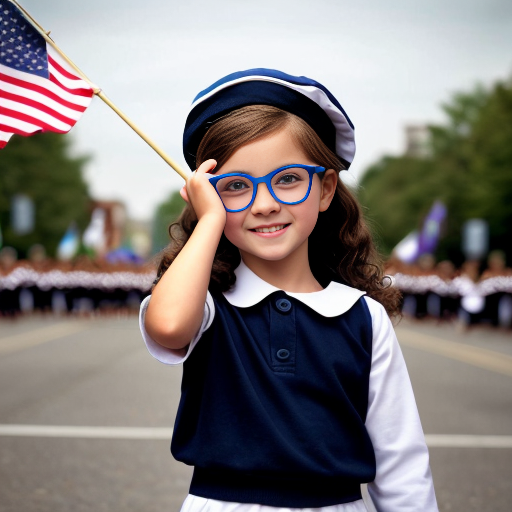 Cute adorable niña Chilindrina glasses con hair lazo curly con verano sailor uniforme escolar con zapatos negros escolar con calcetines blancos con sombrero sailor con grupal con caminar con desfile Estados Unidos América bandera con ciudad 30