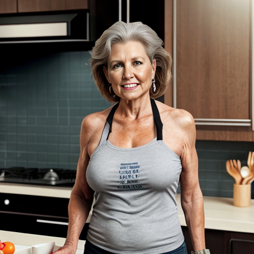 40-year-old woman with large breasts naked in the kitchen