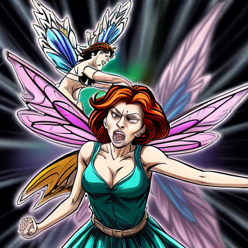 Színes, képregény-stílusú, szürreális jelenet: francia, flancos úrihölgy irigy és haragos a gyönyörű vöröshajú tündérre. Úrihölgy ellopja Hermész szárnyas saruját az Olümposzról, idő száguld a végtelenbe, hatványozottan tündöklő tündér veszélyben. Túlzó arányok, humoros, dinamikus, kaotikus, élénk színek, szürreális képregény-hatás.”