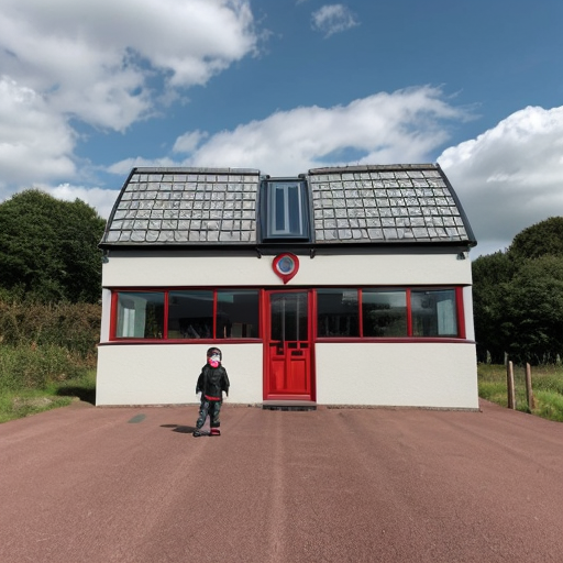 Asland Human peoples and children with sci-fi futuristic clothing at the Asland village with flag of Asland with white field and red-linned black saltire, beige sci-fi futuristic houses with red brick sci-fi futuristic roofs, grey sci-fi futuristic houses with red brick sci-fi futuristic roofs, beige sci-fi futuristic Catholic church with red brick sci-fi futuristic roof, road, gardens, corn fields, meadows taiga forest, hills and cloudy sky in May 2621.