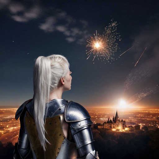 young white-haired woman in armor watches as meteorites fall on her castle