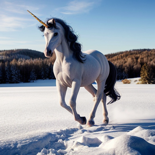 unicorn in a snowy field, photorealistic