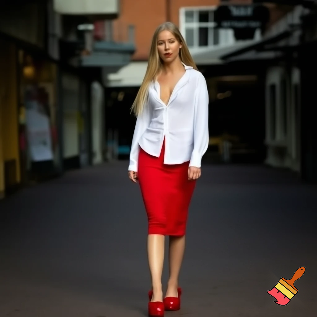 Full-length portrait of a 25-year-old woman with blonde hair, wearing a white blouse, unbuttoned and completely unbuttoned, no bra, revealing one nipple, a knee-length red skirt, and red 12-inch heels, walking down a shopping street.

