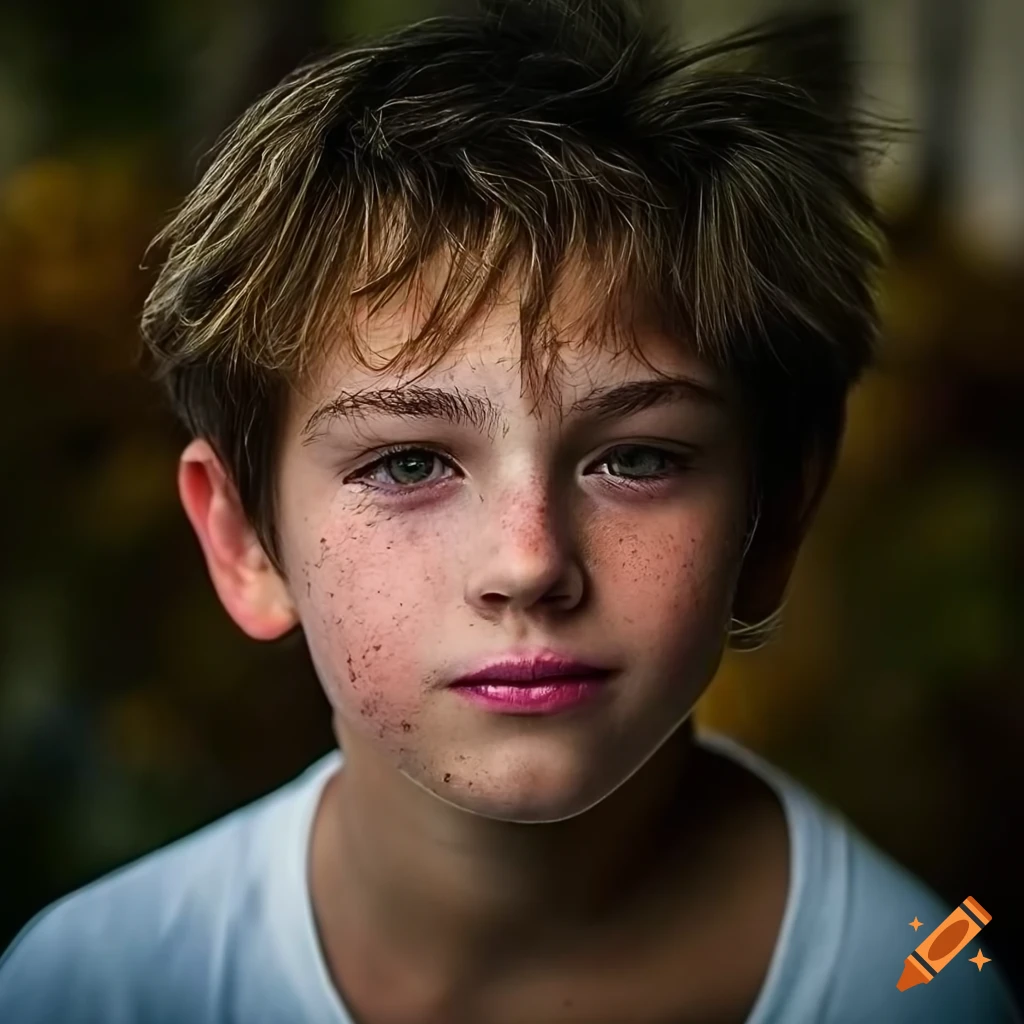Detailed and realistic photography of a boy aged 11 years-old with freckles, round intricate and realistic eyes and messy hair, shot outside, wearing a white t shirt, skin texture, chapped lips, soft natural lighting, portrait photography, 85mm lens, magical photography, dramatic lighting, photo realism, ultra-detailed, Cinestill 800T