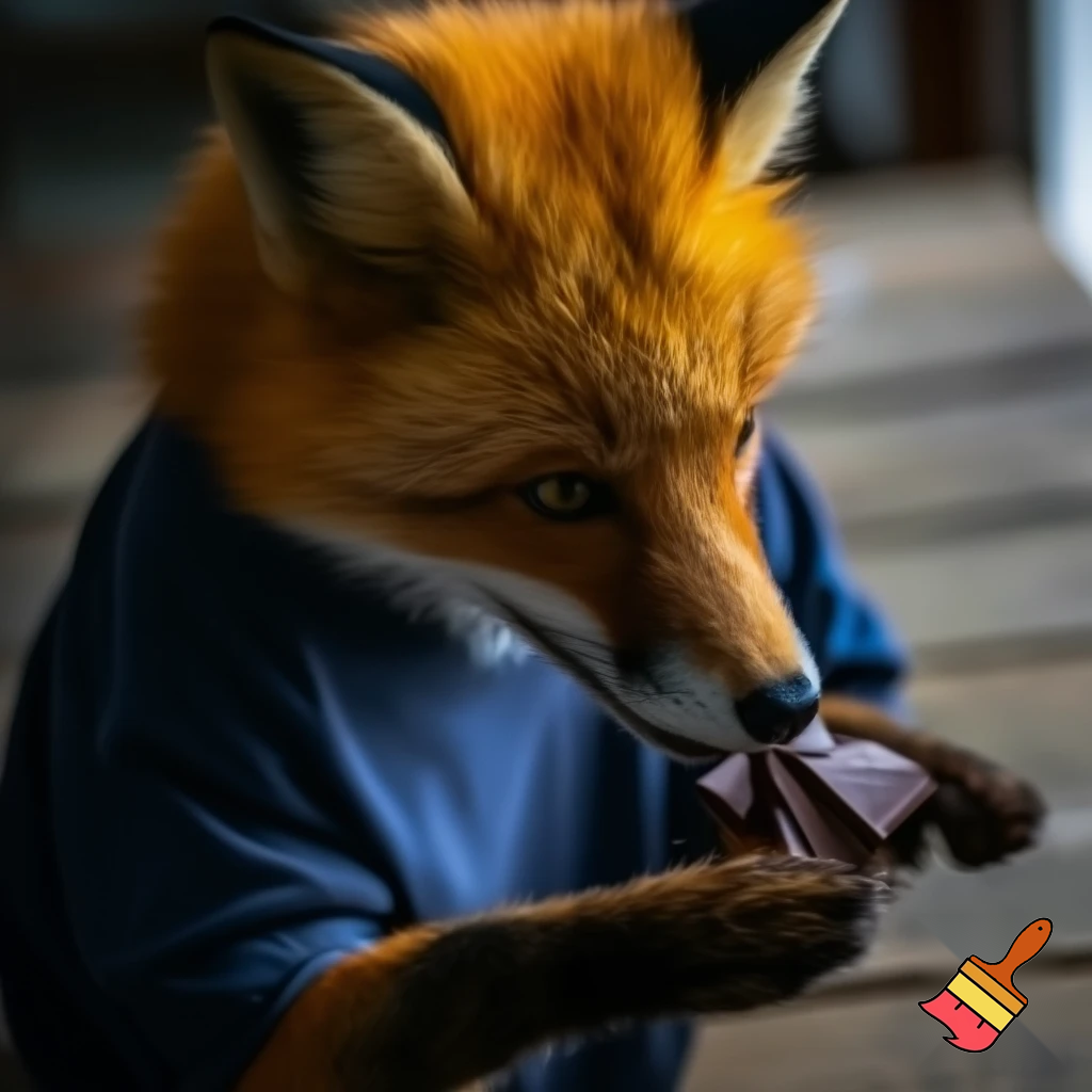 make a fox eating chocolate with a t shirt make it extra realistic
