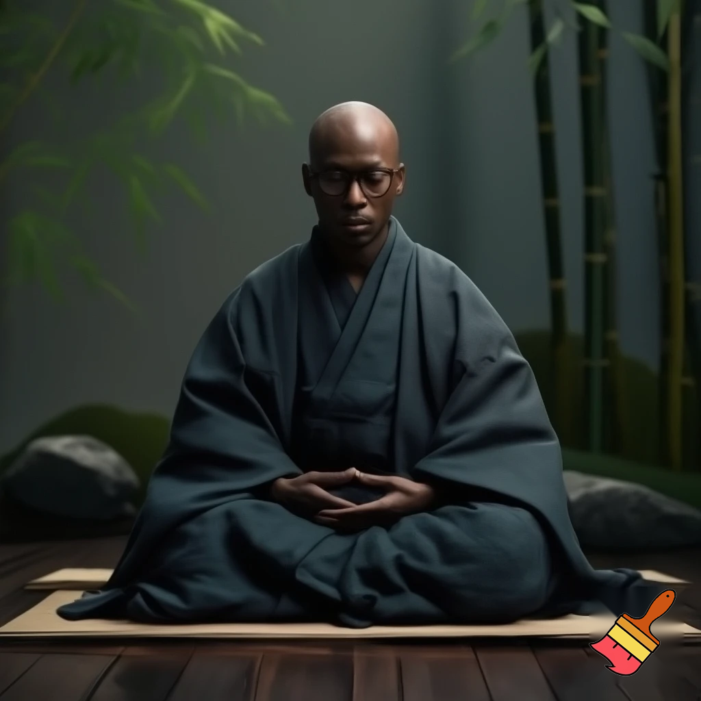 un black zen monk sitting in zazen posture, wearing dark rim glasses