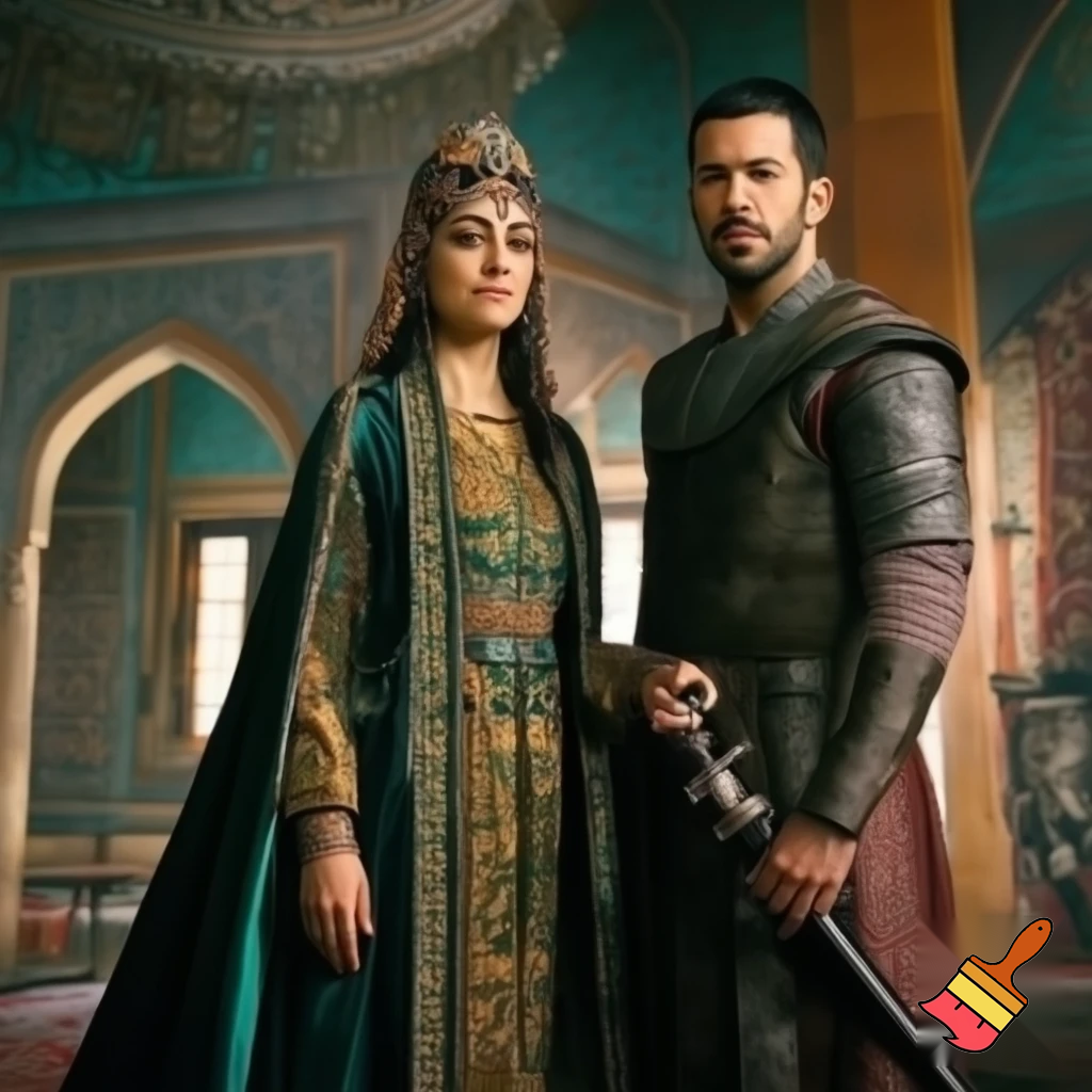  esra bilgic  as halime sultan and baris arduc as alparslan
 standing together

