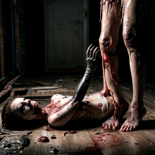 "Ultra-realistic cinematic still from Lucio Fulci's 1980 horror film City of the Living Dead, a horribly decayed and mutilated human corpse lying on a filthy wooden floor in a dark, abandoned building, extreme putrefaction and advanced decomposition, the body is bloated and ruptured with exposed glistening wet viscera, intestines, muscle tissue and sinews spilling out, dark clotted blood and viscous fluids everywhere, slimy translucent maggots and worms crawling over the rotting flesh, skin peeled back in wet strips, one leg partially severed and twisted at an unnatural angle with exposed bone, the corpse is covered in thick shiny slime and dark grime, dramatic low-key horror lighting with harsh shadows, wet reflective surfaces, gritty dirty textures, muddy wooden planks and debris scattered around, extremely detailed gore, photorealistic, hyper-detailed, 35mm film grain, cinematic color grading with desaturated tones and sickly greenish-pink hues, shot on Kodak Vision3, horror movie practical effects style --ar 16:9 --stylize 250 --v 6"