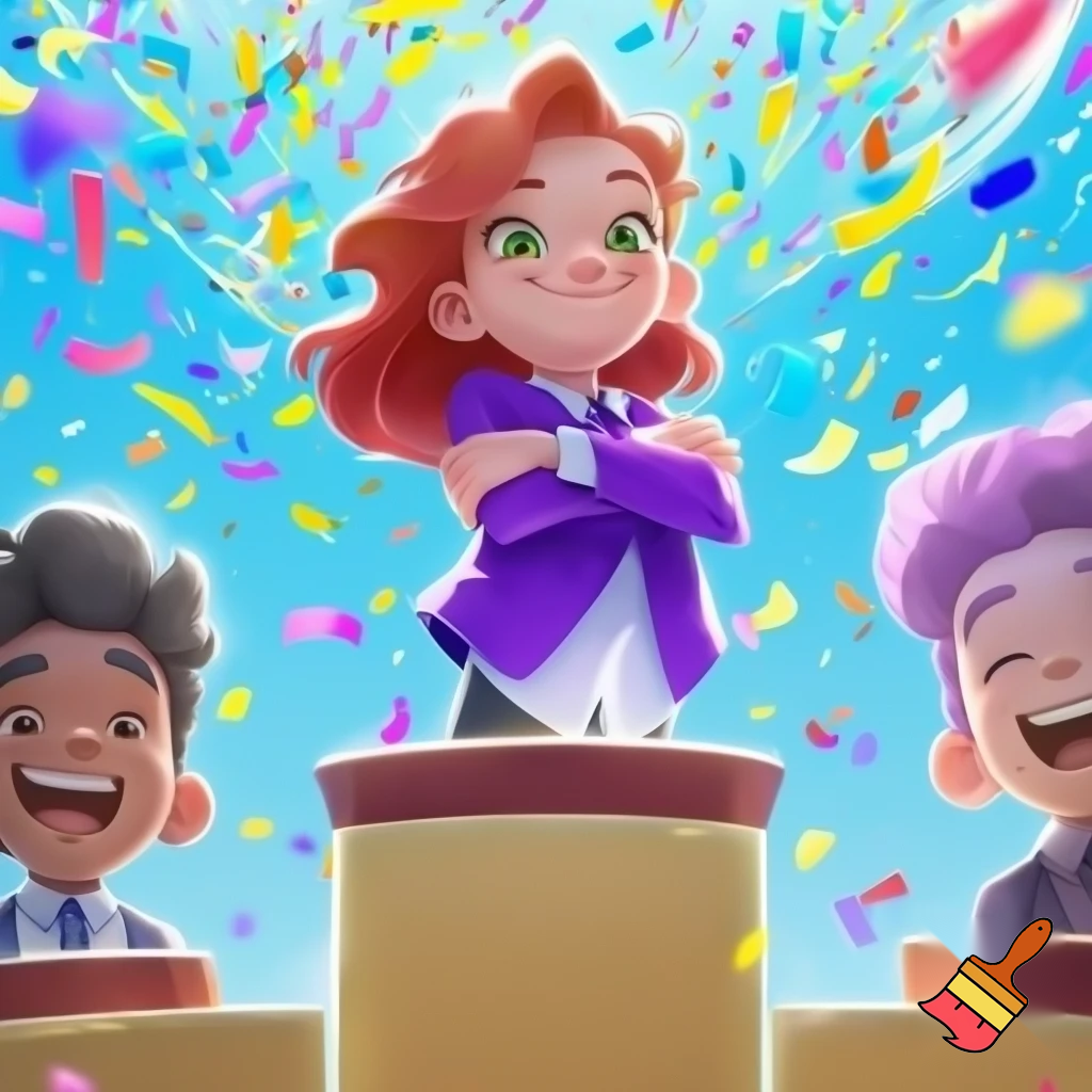 "A podium with three winners celebrating. The first-place winner is a red-haired girl with crossed arms, wearing a purple blazer and a white shirt, inspired by Marcella from the Spirit cartoon. She stands confidently on the top step. The second and third place winners are on either side, slightly lower on the podium. The scene is bright and cheerful, with a clear blue sky, confetti falling, and a lively, animated style reminiscent of cartoon illustrations. Focus on dynamic expressions and vivid colors."