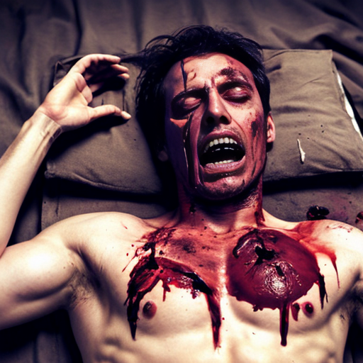 A corpse shirtless man, died, face are hiding by shirt, eye closed, chest opened wounded, blood everywhere.