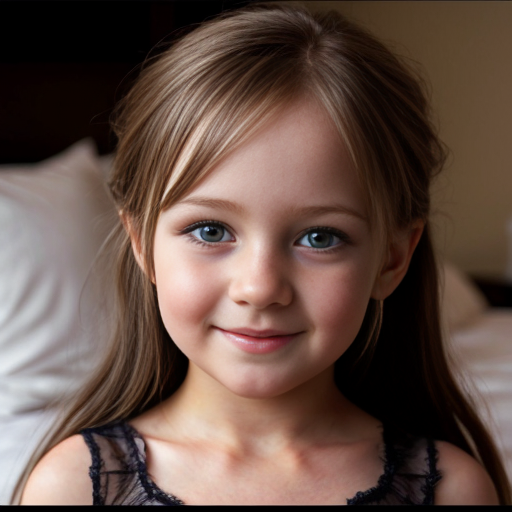finnish little girl at night dress, very beautiful and eager, long brunette hair, on the bedroom, brown eyes, close up
