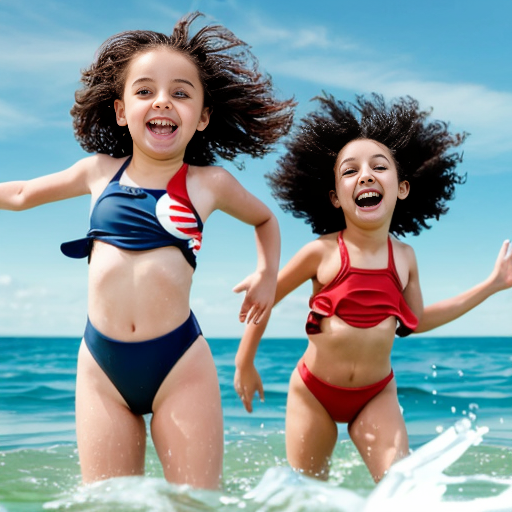 Two young small girls, one with dark skin, black curly hair and red two-piece swimsuit, and the other with light skin, blonde straight hair and blue two-piece swimsuit, they are playing in the sea, cartoon-style 