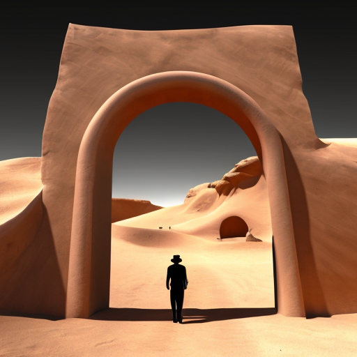 Put abstract figures in an arch in a desert landscape in Tanguy style