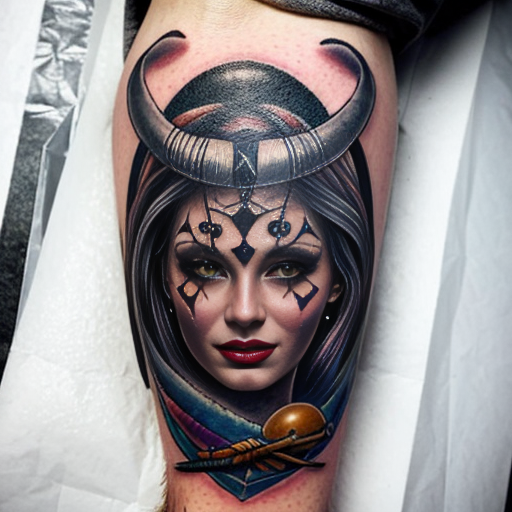 Völva viking witch colorful neo traditional tattoo