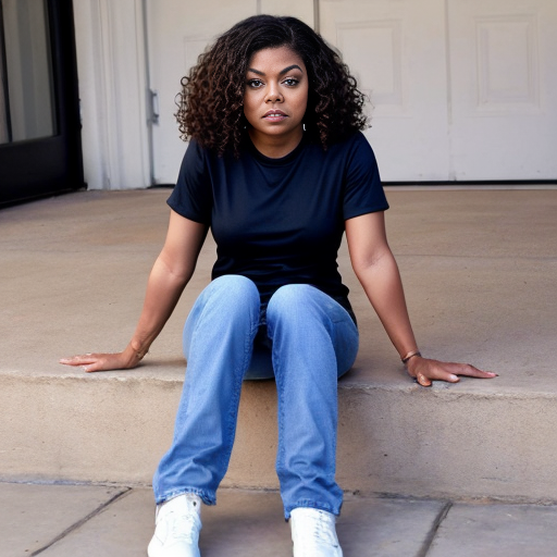 Taraji P. Henson long brown curly hair black t-shirt under t-shirt and blue jeans black pickle toes shoes out 