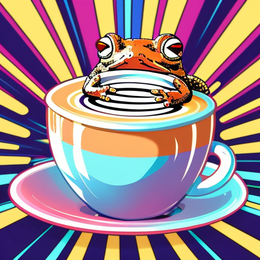 A hillarious, funny boho toad with some hippie colored coffee cups. Psychedelic decorated background. Gleaming and touch.