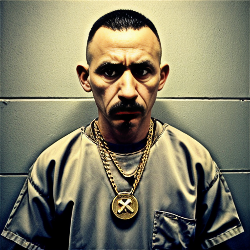  rat, evil, sinister, wearing prison outfit, mugshot style, no human, 
gold chain
