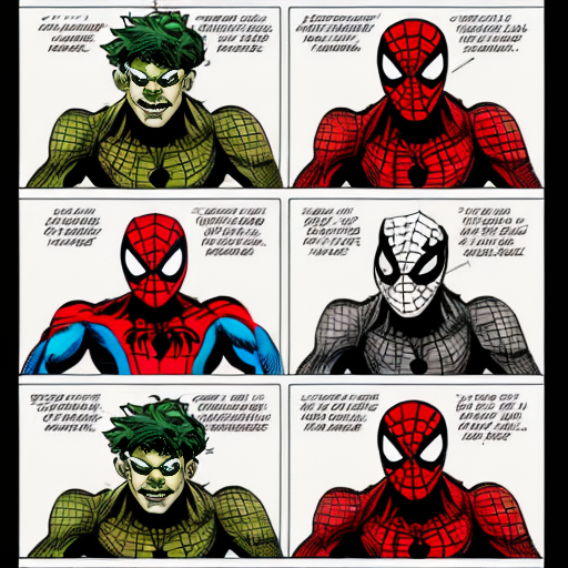 Génère une bande dessinée de comics de spiderman contre le bouffon vert la page a une présentation comme les comics strip classiques avec des cases et des bords blanc

Première case de la première page
Spiderman le balance dans la ville de New-York 
L'environnement est détaillé, et spiderman tisse une toile en sautant 

Deuxième case de la première page 
Spiderman tire sur la toile qu'il a tissé afin de se hisser plus haut 

Troisième case de la première page
Spiderman bondit d'une façon acrobatique et triomphante et rebondit sur un immeuble
On voit le bouffon vert sur son planeur en face de lui dans le fond du payage

Quatrième case de la première page 
L'ange de vue est de dos, on y voit Spider-Man toujours dans les aires bondissant en direction du bouffon vert qui semble surpris 

Cinquième case de la première page
Les regards de spiderman et du bouffon vert se croisent et il semble tout deux en colère 
