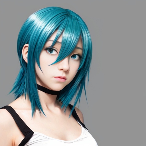 Simple anime. Female. Blue hair. Blue eyes. Head shot.