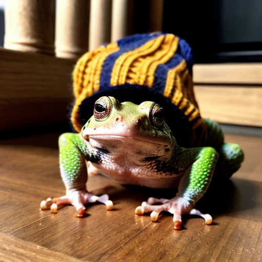 A laughable, puzzled animal toad in woolen, multicoloured winter clothings with woolen winter cap. Hyperrealistic style.