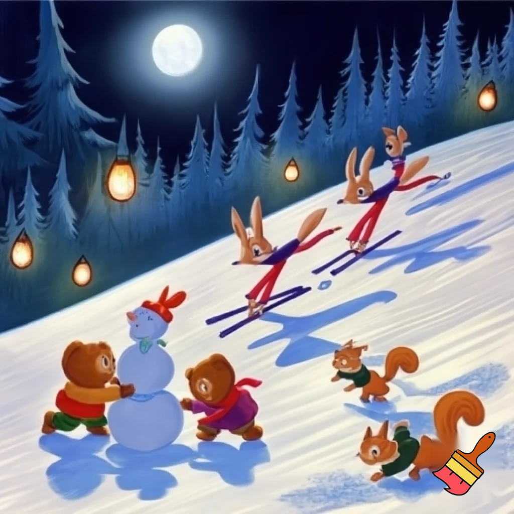 Drawing in old cartoons style. Every object is distinctive. Hares in ski suits are skiing on a snow-covered slope with dense forest on the edges. Next to them foxes in ski suits are skiing on a snow-covered slope with dense forest on the edges. Next to them bear cubs in winter clothes are making a snowman on a snow-covered slope with dense forest on the edges. Next to them squirells in winter clothes are playing with snowballs on a snow-covered slope with dense forest on the edges at dark night