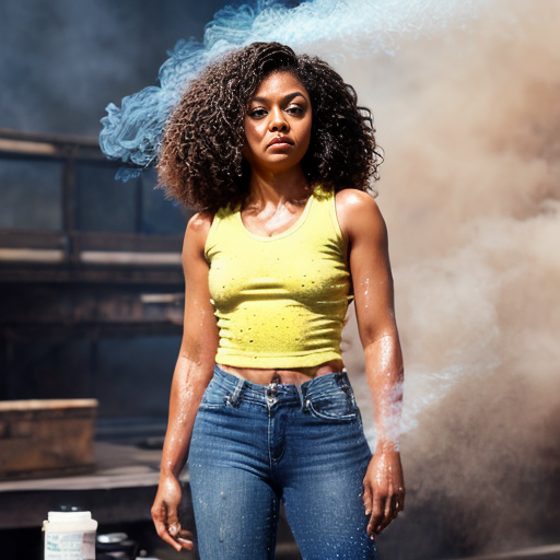 Taraji P. Henson as an FBI one beige fur jacket and yellow beige tank top red and yellow dots and blue jeans with long curly thick hair 20th Century Fox spray sprinkling water TNT stone smoker *punch*

