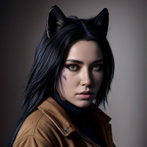 Anthropomorphic female black wolf with long pretty black hair and purple eyes, wearing a brown jacket 