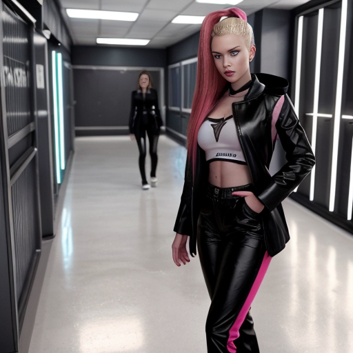 Angry Tamär Zarlag as 34-year-old Zaran Tyccanoid male with pink skin, red long hair, red eyes, pointed ears, black futuristic coat, black futuristic pants and black futuristic shoes, when talking with the Natasha Kolevnaya as 19-year-old Eurasian and Russian Human female schoolar with brown hair and futuristic uniform and Samantha Borrowing as 21-year-old American Human female schoolar with blonde hair and futuristic uniform in American and New York futuristic school balcony with grey-yellow-black fences, blue floor and futuristic lights in 2622. (Realistic image)