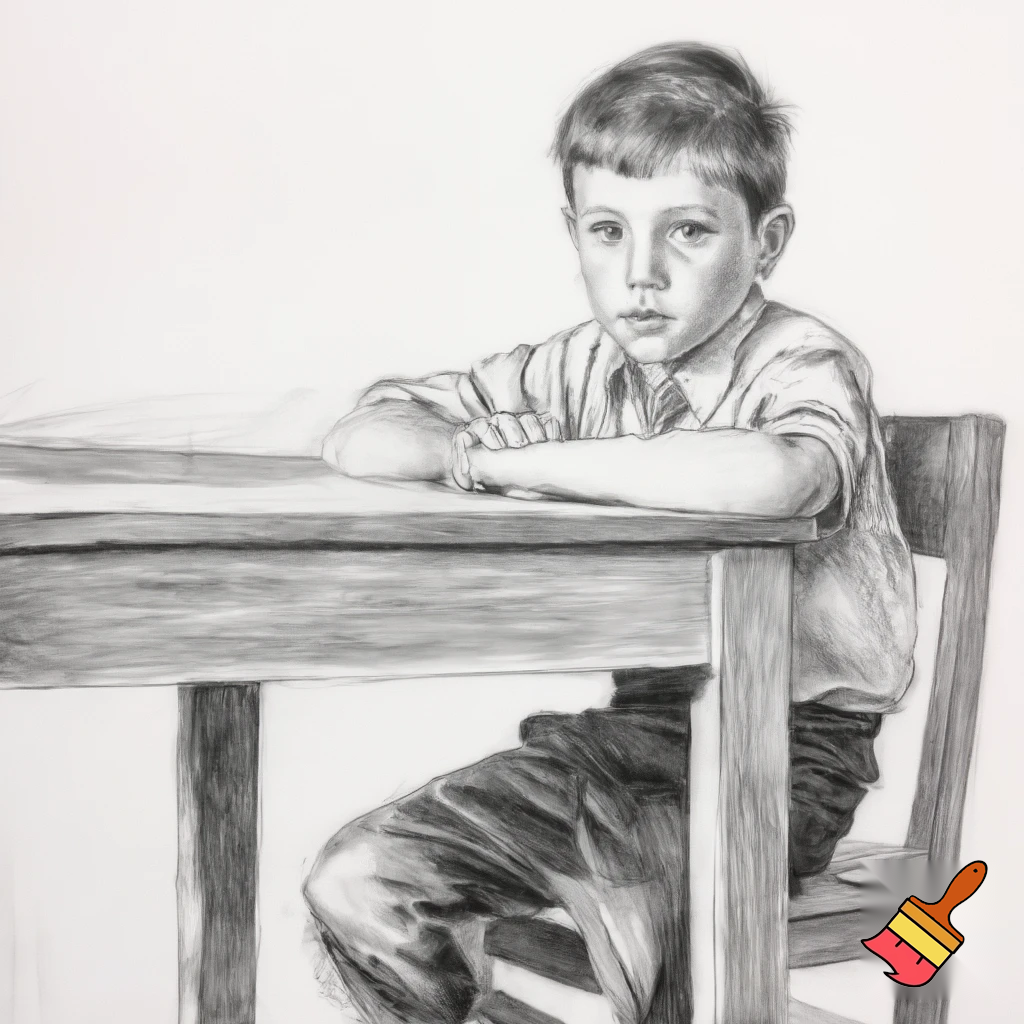 A school boy sitting on the chair looking in front and made with pencil sketch .no colour and in white background with a table in front on him