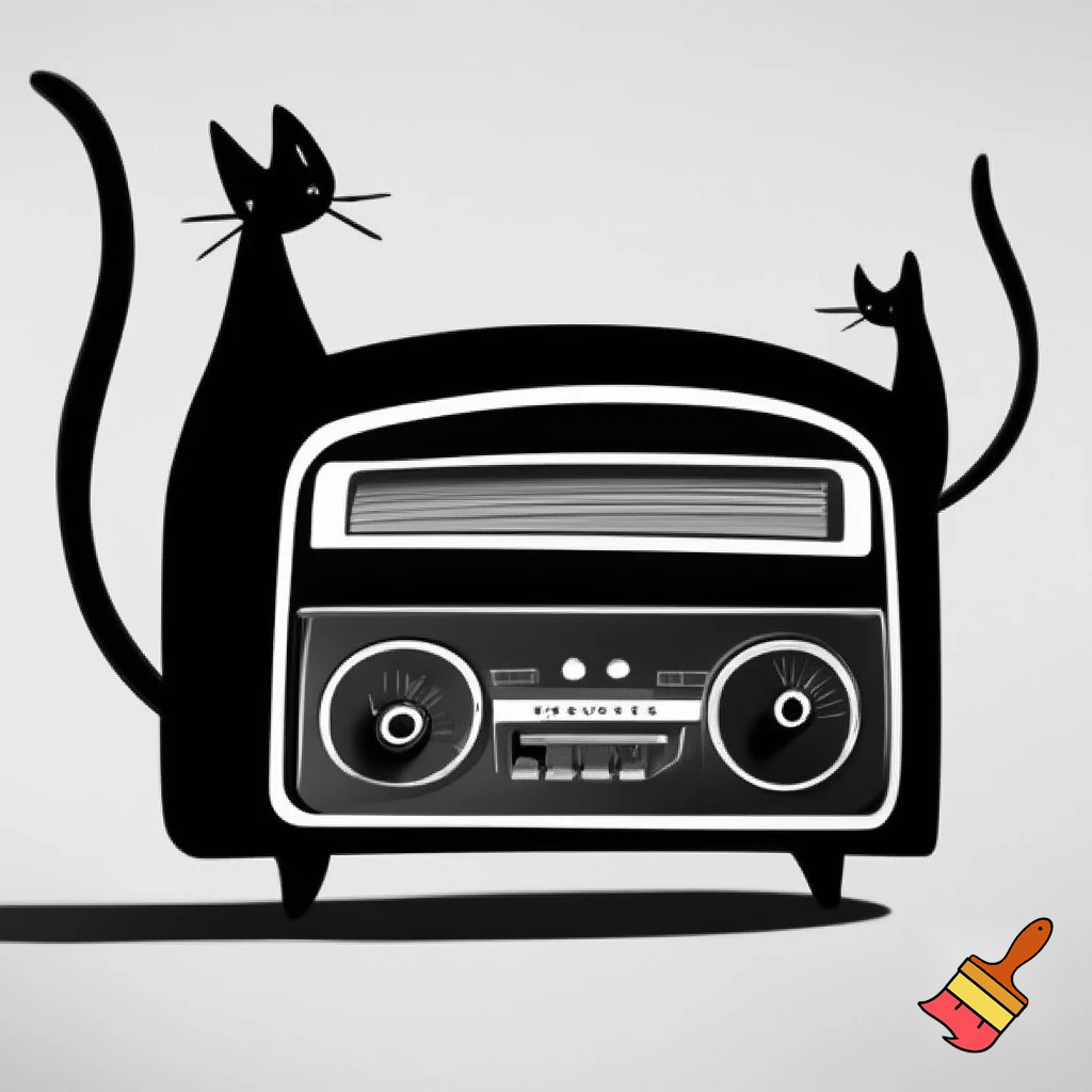 Draw a black and white old time radio using the traditional model with 2 realistic, slim cats in silhouette form. Make the drawing more like a cartoon.