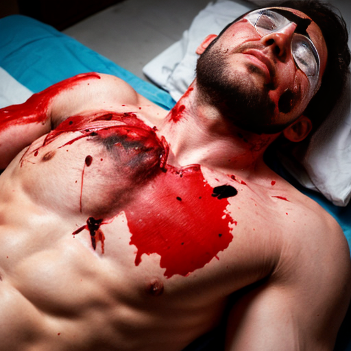 A shirtless man, face are hiding by shirt with cut on eye part, died, chest open wounded, blood everywhere, eye closed.