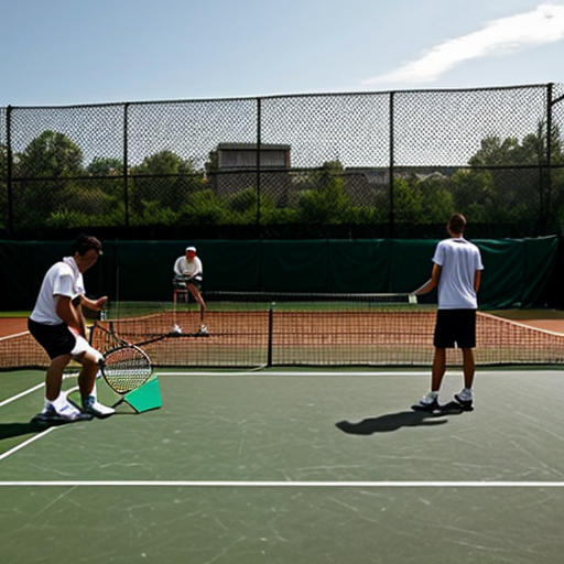 generate a group of poor people thinking on a tennis court.
