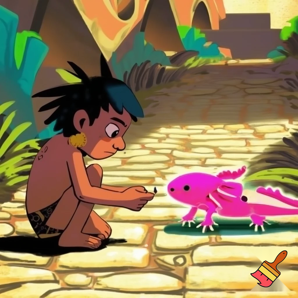 an Aztec boy playing eating ants and an axolotl is in half and has a bite out of it