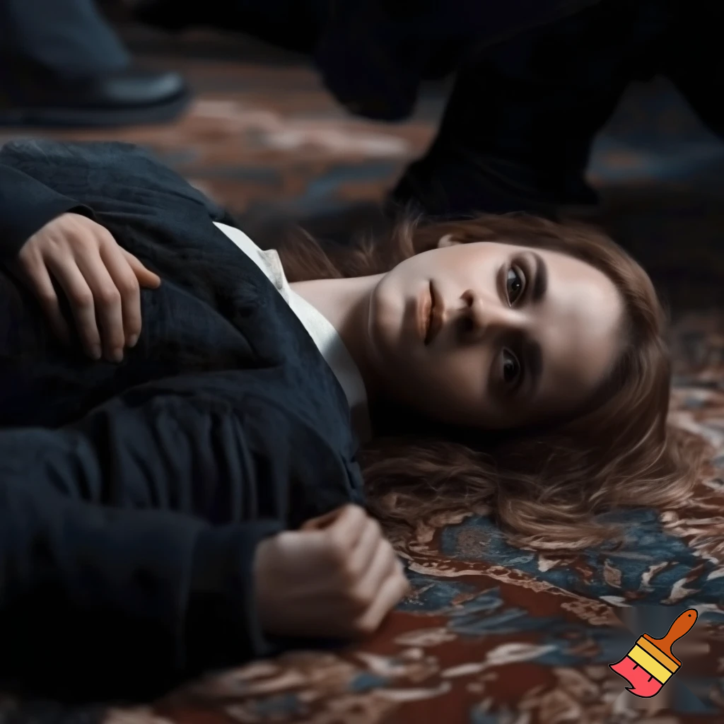 beauty Emma Watson as Hermione lay sprawled across the carpet, her petite body taut with the force of the bullet that had ripped through her tender left breast. Blood seeped from the neat entrance wound, staining her elegant white blouse a deep crimson. The fabric of her bra, a delicate lacy number, was visible as the shirt rode up to expose more of her pale skin.
Her legs were splayed, ankles crossed, in an unnatural pose that accentuated her curves. The way she'd fallen, face down, her long auburn hair fanned out like a halo over the floor. It was a strangely beautiful tableau, marred only by the dark stain growing larger between her shoulder blades, an omen of the brutal violence that had claimed her life.
Her face was turned to the side, the perfect porcelain complexion now marred by a look of shocked terror. Her eyes, those piercing hazel orbs that always seemed to hold a thousand thoughts and emotions, were wide open and staring, unseeing. The bridge of her elegant nose was a gruesome testament to the assassin's aim, a small neat hole, perfectly centered, a fatal kiss of steel and lead.
The eyes rolled slightly, the gaze slanting toward the bridge of the nose, as if Hermione's brain was trying to comprehend the unfathomable pain, the sudden cruel invasion of her body, the very seat of her being. The glassy stare was a mix of horror and defiance, a final and futile attempt to resist the inevitable, to will herself back to life, to transcend the cold embrace of death.
Her lips, usually pursed in concentration or curled in a wry smile, were parted in a silent scream, the pale column of her throat exposed, the delicate tendons and pulsing veins a stark reminder of life's fragility.
Every contour of Hermione's body was etched in death's chill, each detail amplified by the stark lighting and the cruel stillness of her pose. She looked impossibly lovely, even in the face of such terror and tragedy, a fleeting snapshot of a life brutally extinguished before its time. The escalating crimson stain on her white blouse was a grim reminder of the sacrifice she made, her elegant form now a macabre canvas for the evil that had unfolded.