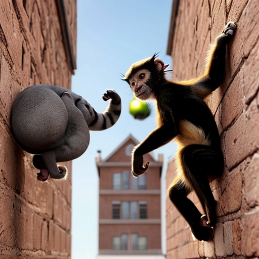 Create a image with a cat and a spider monkey jumping of the side of a brick wall